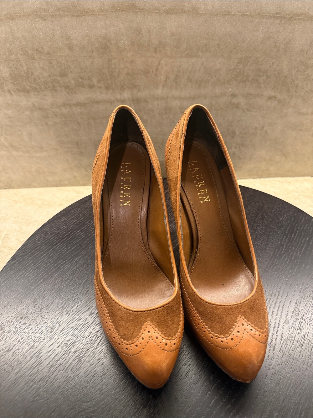 Ralph Lauren Brown Suede & Leather Brogue High Heels